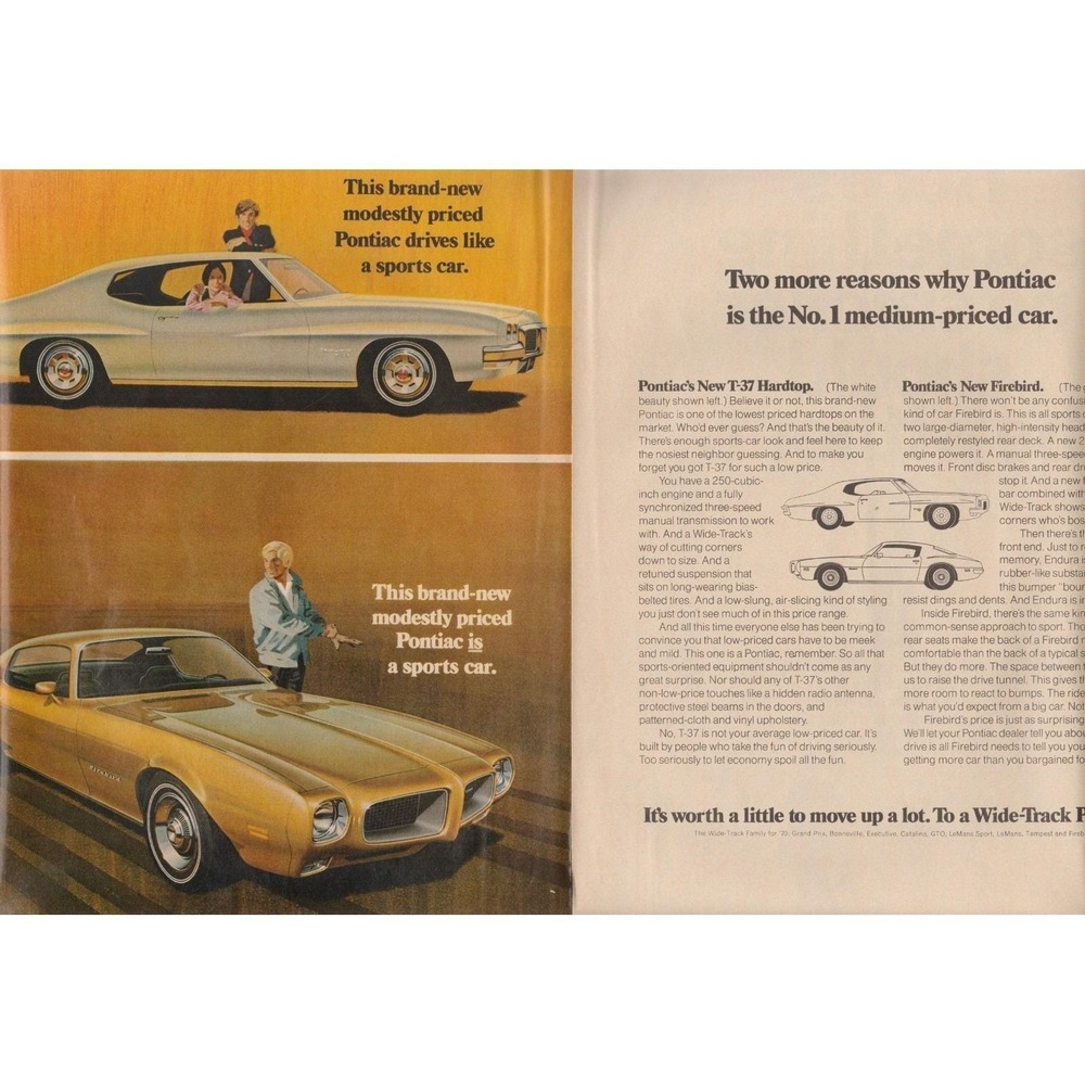 Pontiac Firebird Wide-Track Sports Cars Family T-37 2-Page Print Ad 1970‎